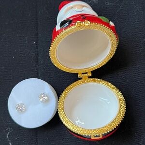 Avon Pierced Earrings CZ Crystal Suds Santa Claus Keepsake Trinket Box Ceramic